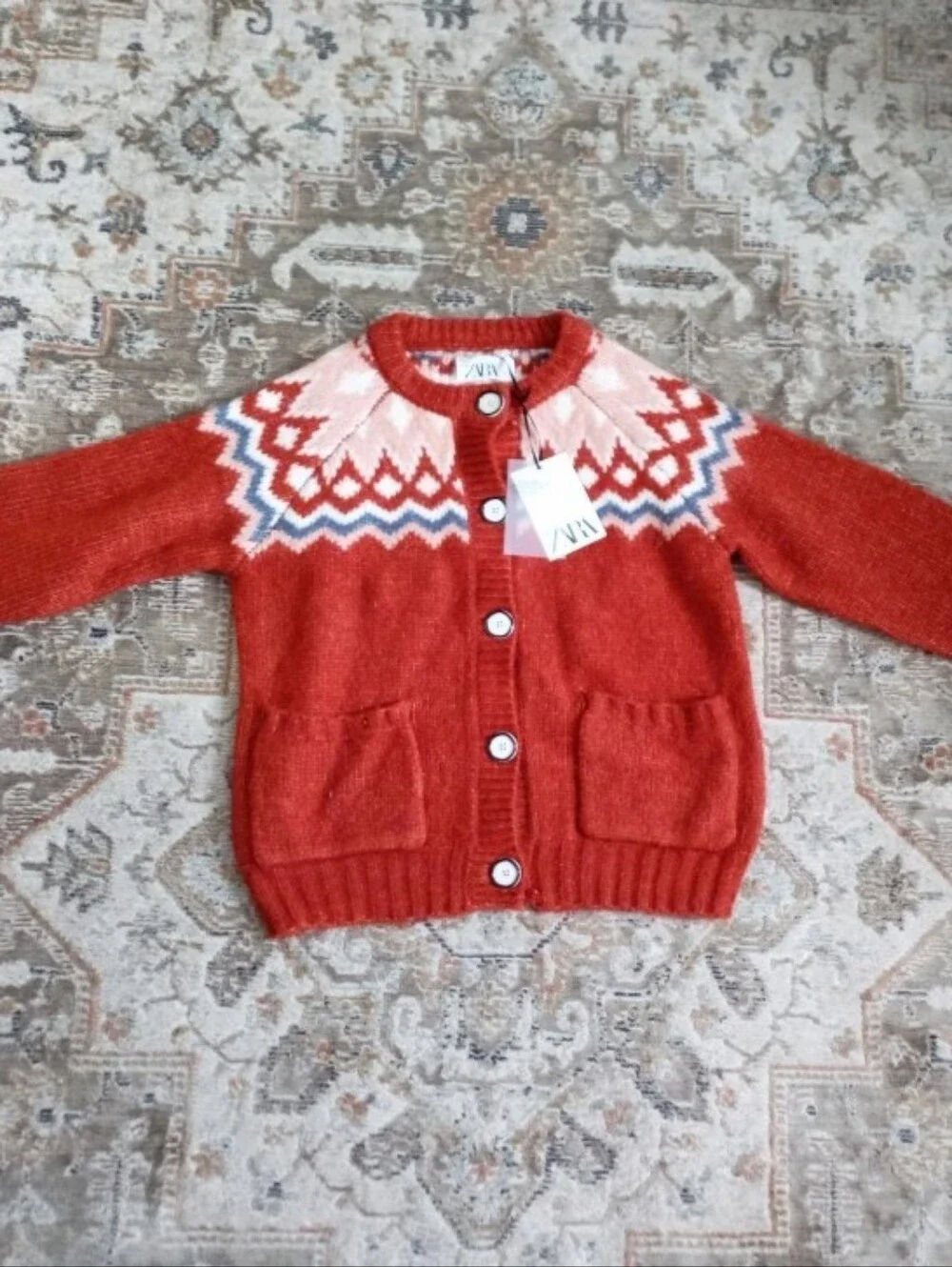 Zara limited edition knit Fair Isle rust red/orange cardigan sweater